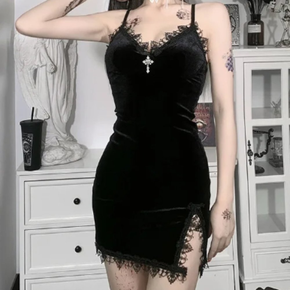 Dark Cross Black Mini Dress Vintage Sexy